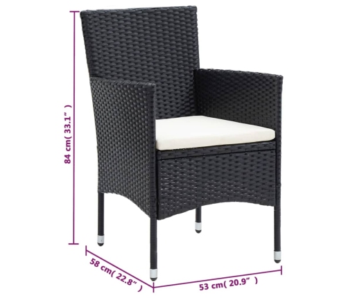 Set comedor de jardín 3 pzas con cojines ratán sintético negro