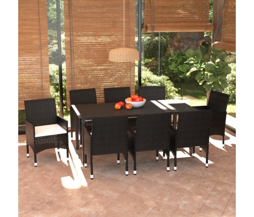 Set de comedor de jardín 9 pzas y cojines ratán sintético negro