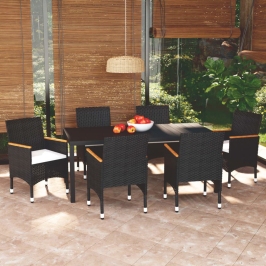 Set de comedor de jardín 7 pzas y cojines ratán sintético negro