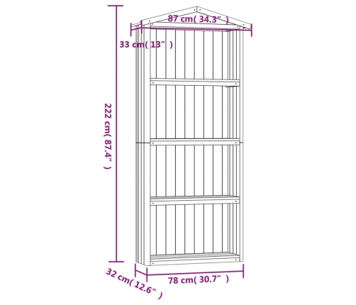 Caseta herramientas jardín 87x33x222 cm madera pino impregnada