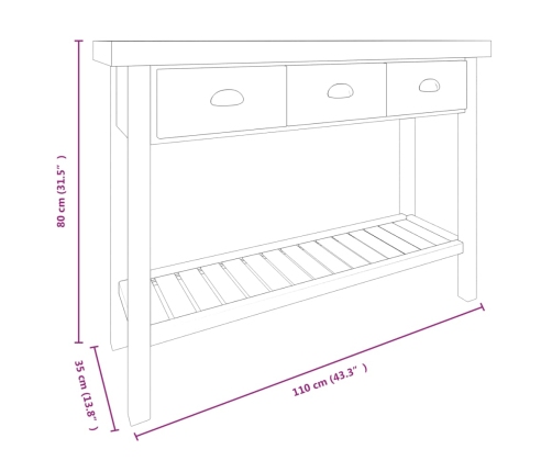 Mesa consola de madera maciza de abeto 110x35x80 cm