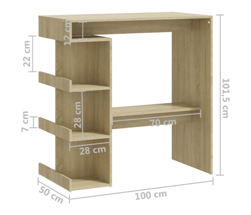 Mesa bar estante almacenaje contrachapada roble 100x50x101,5 cm