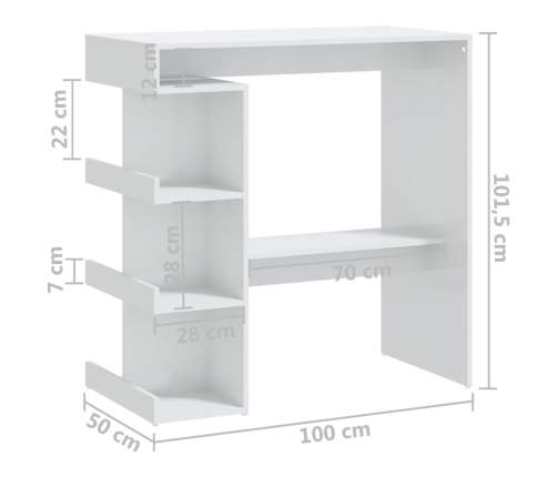 vidaXL Mesa bar con estante aglomerado blanco brillo 100x50x101,5 cm