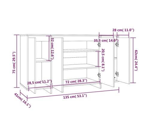 Aparador de madera contrachapada blanco 135x41x75 cm