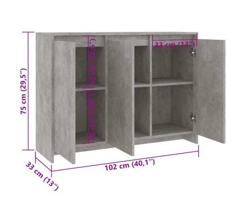 Aparador de madera contrachapada gris hormigón 102x33x75 cm