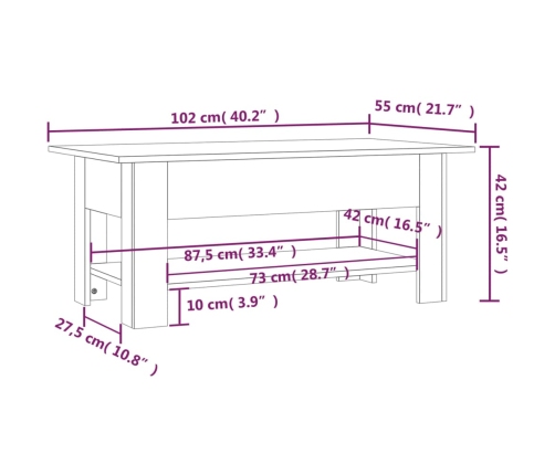 Mesa de centro madera de ingeniería blanca 102x55x42 cm