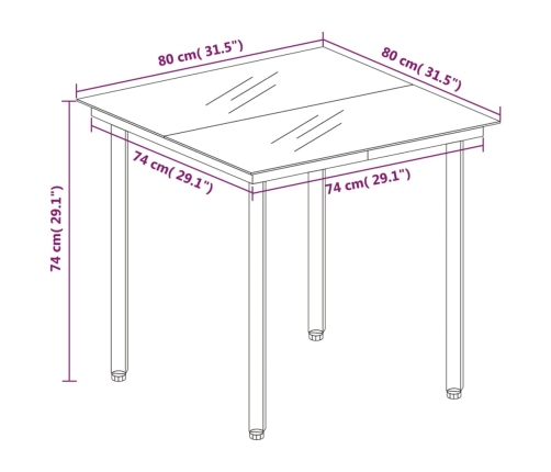 Mesa de comedor de jardín acero y vidrio negra 80x80x74 cm