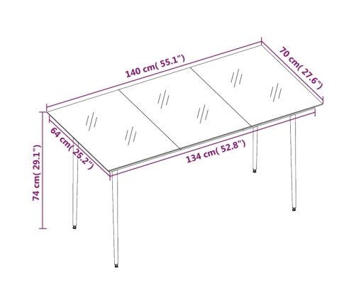 Mesa de comedor de jardín acero y vidrio negra 140x70x74 cm