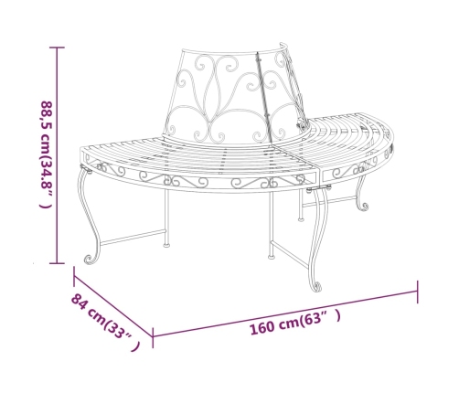 vidaXL Banco de jardín semicircular de acero negro 160 cm