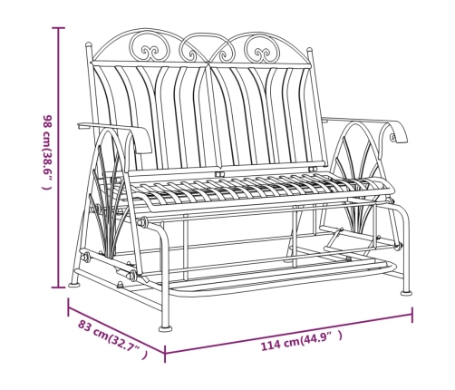 Banco balancín de jardín de 2 plazas acero negro 114 cm