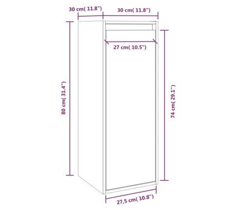 Armario de pared de madera maciza de pino 30x30x80 cm