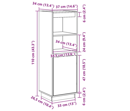 Aparador alto de madera maciza de pino 37x34x110 cm