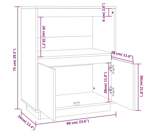 Aparador de madera maciza de pino negro 60x34x75 cm