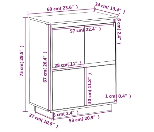 Aparador de madera maciza de pino 60x34x75 cm