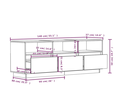 Mueble de TV de madera maciza de pino blanco 140x37x50 cm