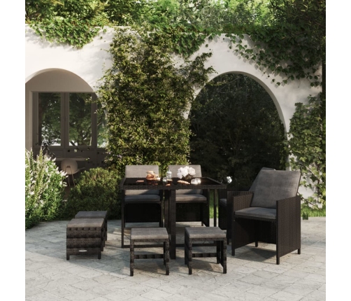 Set de comedor de jardín 9 pzas y cojines ratán sintético negro