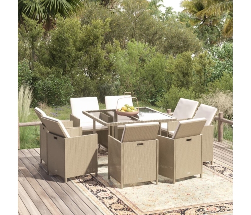 Set comedor de jardín 9 pzas con cojines ratán sintético beige