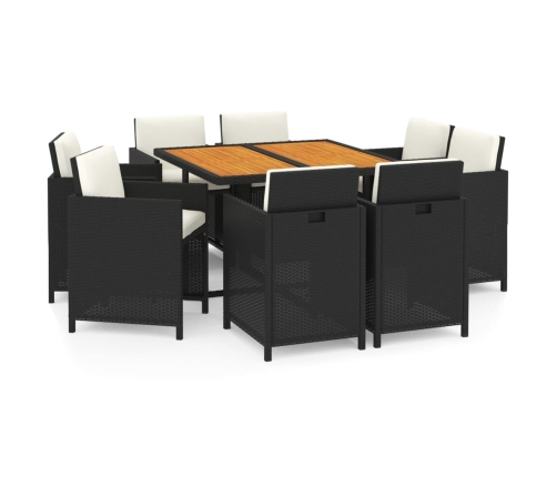 Set de comedor de jardín 9 pzas y cojines ratán sintético negro