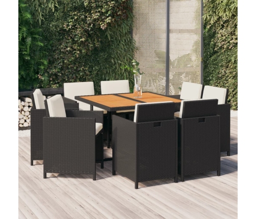 Set de comedor de jardín 9 pzas y cojines ratán sintético negro