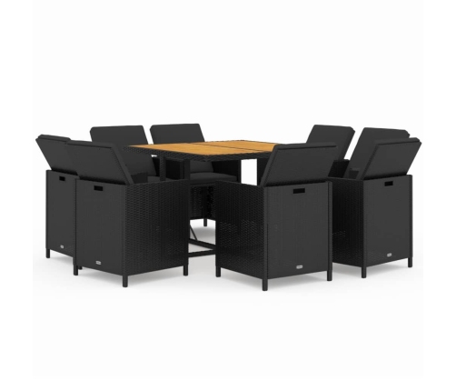 Set de comedor de jardín 9 pzas y cojines ratán sintético negro