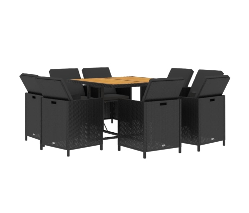 Set de comedor de jardín 9 pzas y cojines ratán sintético negro