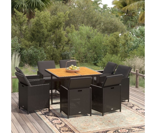 Set de comedor de jardín 9 pzas y cojines ratán sintético negro