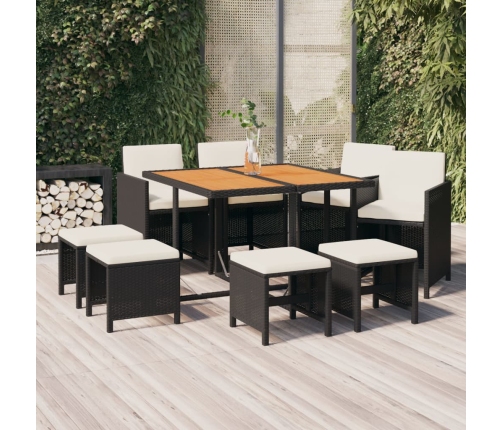 Set de comedor de jardín 9 pzas y cojines ratán sintético negro