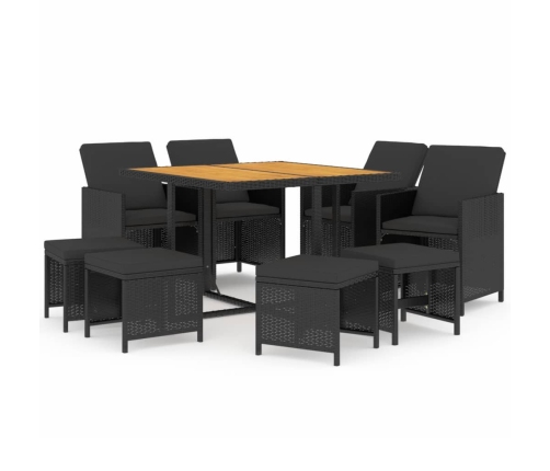 Set de comedor de jardín 9 pzas y cojines ratán sintético negro