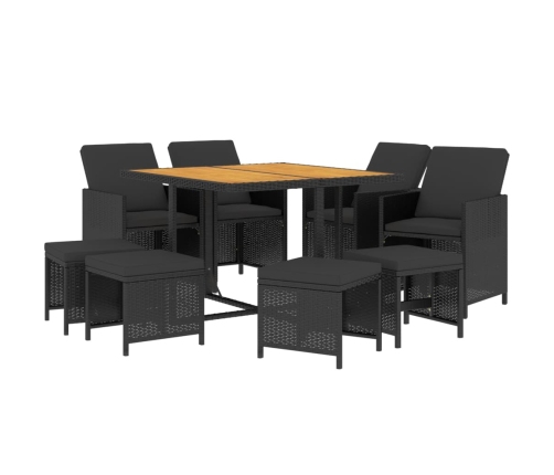 Set de comedor de jardín 9 pzas y cojines ratán sintético negro