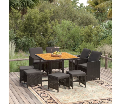 Set de comedor de jardín 9 pzas y cojines ratán sintético negro