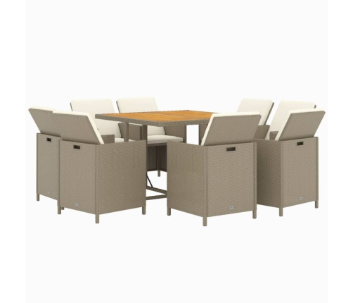 Set comedor de jardín 9 pzas con cojines ratán sintético beige