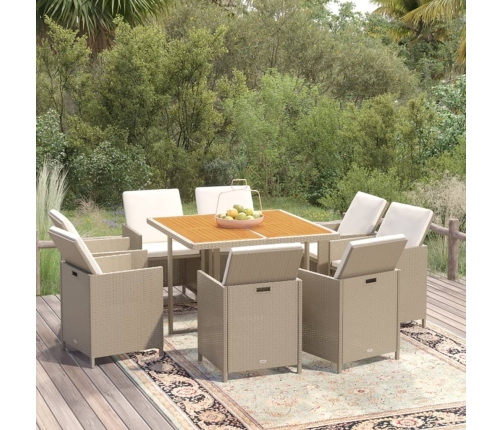 Set comedor de jardín 9 pzas con cojines ratán sintético beige