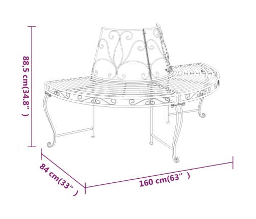 Banco de jardín semicircular 2 uds de acero negro 160 cm