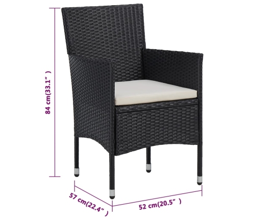 Juego de comedor de jardín 3 piezas con cojines negro