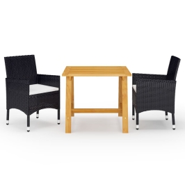 Juego de comedor de jardín 3 piezas con cojines negro