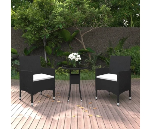 Set de bistró de jardín 3 pzas ratán PE vidrio templado negro