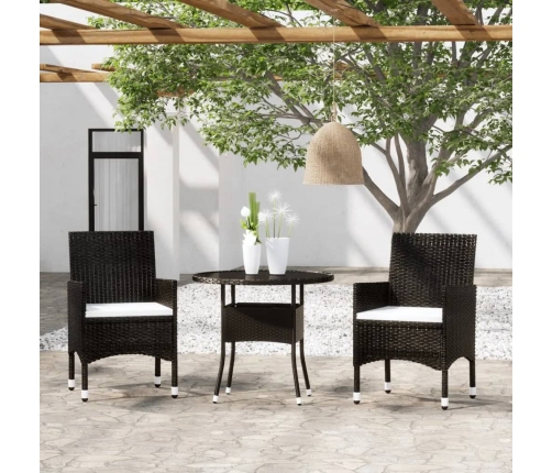 Set de bistró de jardín 3 pzas ratán PE vidrio templado negro