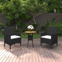 Set de bistró jardín 3 pzas ratán sintético madera maciza negro