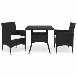 Set de comedor de jardín 3 pzas ratán PE vidrio templado negro