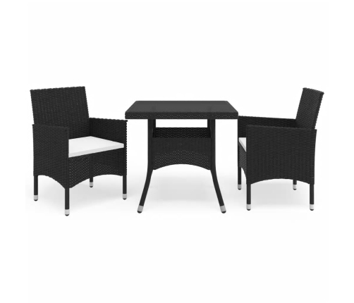 Set de comedor de jardín 3 pzas ratán PE vidrio templado negro