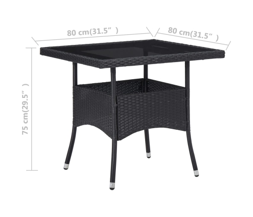 Set de comedor de jardín 3 pzas ratán PE vidrio templado negro