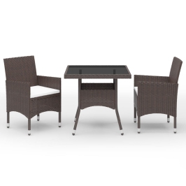 Set de comedor de jardín 3 pzas ratán PE vidrio templado marrón