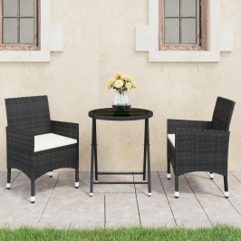 Set de bistró de jardín 3 pzas ratán PE vidrio templado negro