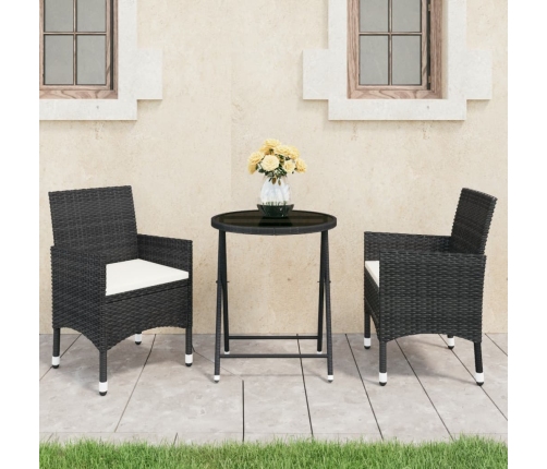 Set de bistró de jardín 3 pzas ratán PE vidrio templado negro