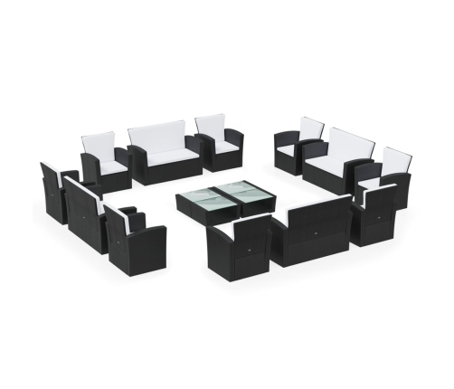 Set muebles de jardín 16 piezas y cojines ratán sintético negro