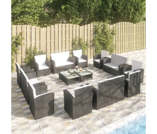 Set muebles de jardín 16 piezas y cojines ratán sintético negro