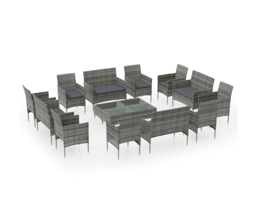 Set de muebles de jardín 16 pzas y cojines ratán sintético gris