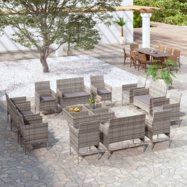 Set de muebles de jardín 16 pzas y cojines ratán sintético gris