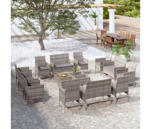 Set de muebles de jardín 16 pzas y cojines ratán sintético gris
