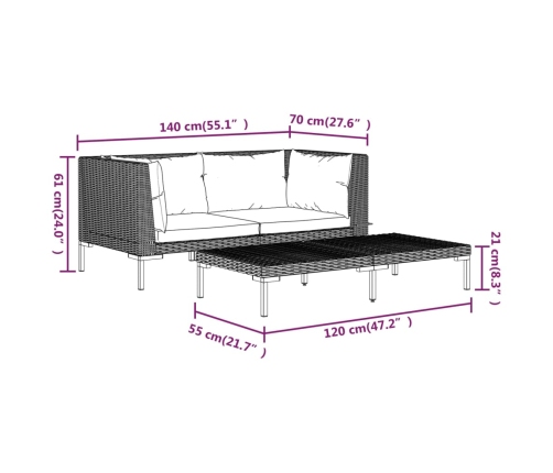 Muebles jardín 3 pzas ratán sintético semicircular gris oscuro